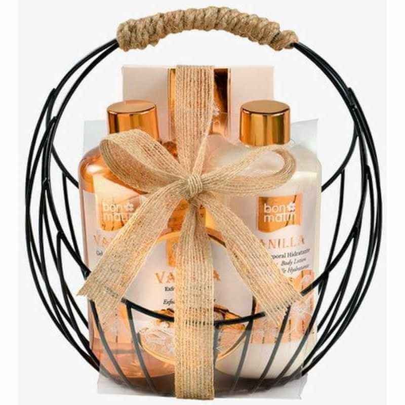 Set de Regalo Bon Matin Vainilla – Elegancia en una cesta de baño metálica reutilizable