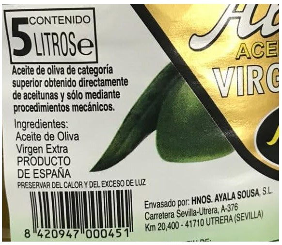 Aceite de Oliva Virgen Extra Sin Filtrar Alberto GFA 5L - Calidad Ayala y Sabor en Formato Familiar