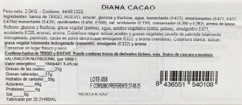 Pascelu Diana Cacao 2,5 kg (44-46 Uds) – Bizcochos Esponjosos con un Toque de Cacao para Disfrutar en Cualquier Momento