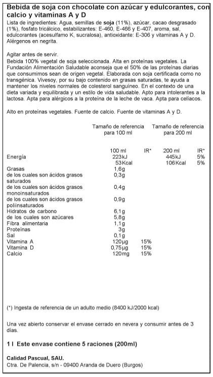 Vivesoy Bebida Vegetal Soja y Chocolate 6 x 1L