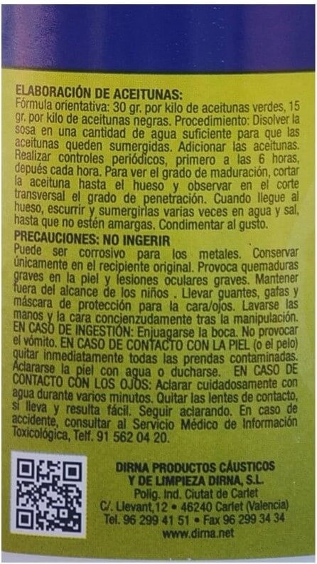 Sosa Cáustica para Aceitunas Dirna 250G - Perfecta para el Aliño y Curado de Aceitunas
