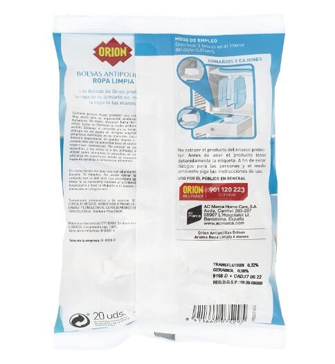 Orion Bolsas Antipolillas y Antiácaros Aroma Ropa Limpia 25 g – Protección Eficaz y Frescura para tu Armario