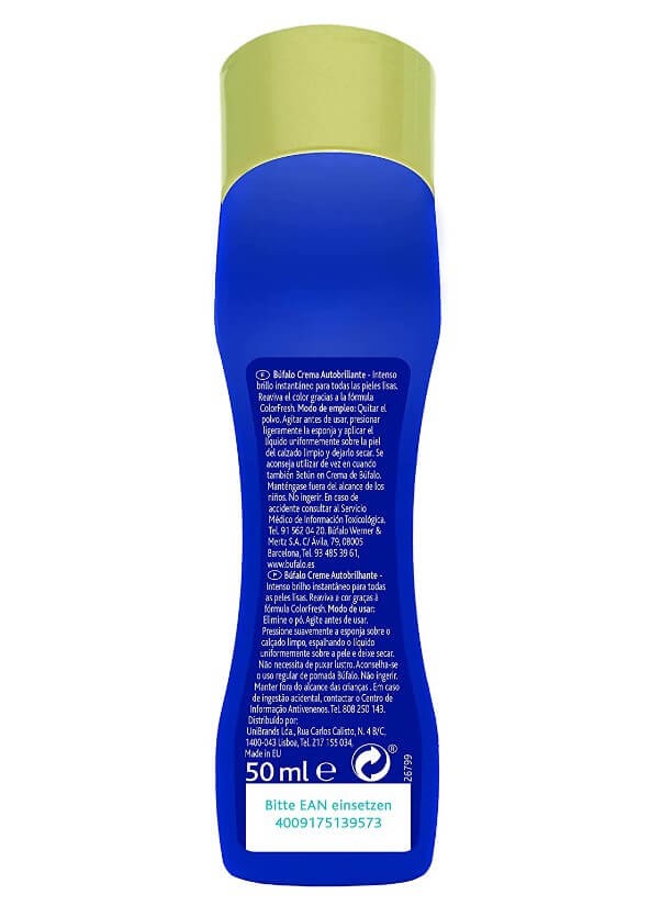 Búfalo Crema Autobrillante Azul Para Zapatos 50 ml - Brillo y Reparación Instantánea para tu Calzado