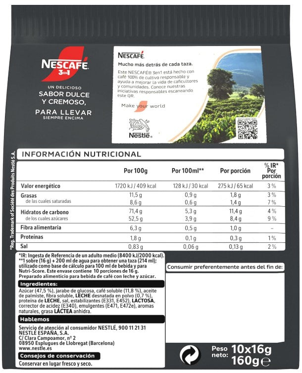 Nescafé 3 en 1 Pack 9 Bolsas x 10 Sobres (90 Sobres)