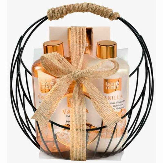 Set de Regalo Bon Matin Vainilla – Elegancia en una cesta de baño metálica reutilizable