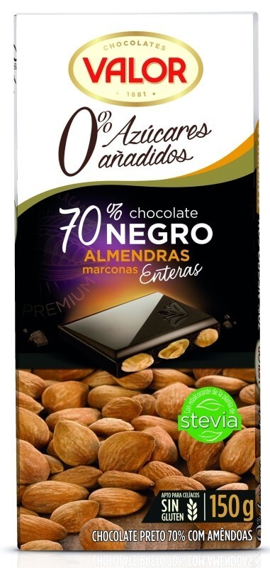 Valor 0% Azúcares 70% Chocolate Negro Almendras Enteras 150 Gr