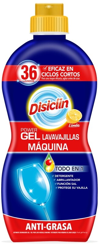 Disiclín Power Gel Lavavajillas Máquina Limón 720 ml 36D – Limpieza Brillante en Ciclos Cortos