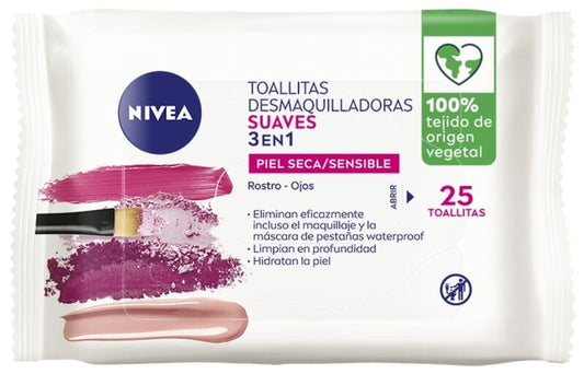 Nivea Toallitas Desmaquilladoras Suaves 3 en 1 Piel Seca/Sensible 25 Uds - Limpieza y Cuidado en un Solo Paso