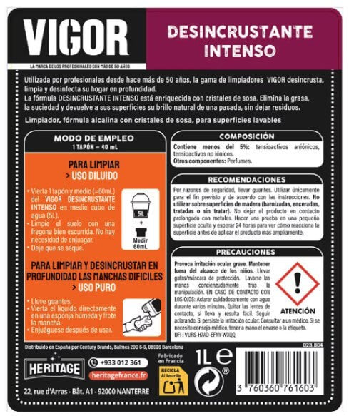 VIGOR Fregasuelos Desincrustante Intenso 1L – Limpieza Potente para Suelos Impecables