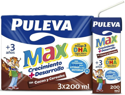 Puleva Max Crecimiento Cacao y Cereales Pack 3 x 200 ml - Nutrición y Sabor para los Más Pequeños