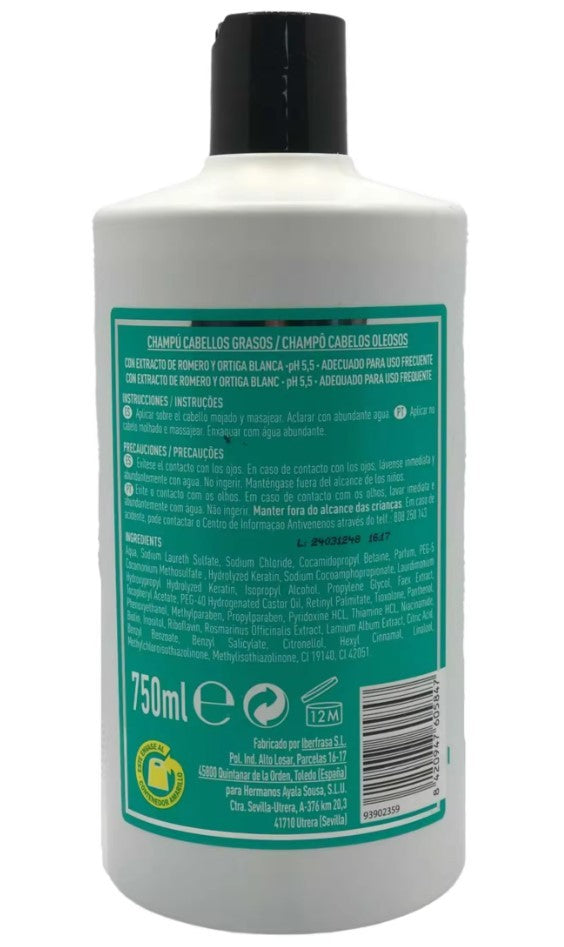 Ayala Champú Cabellos Grasos con Keratina 750 ml - Controla el Exceso de Sebo y Prolonga la Frescura