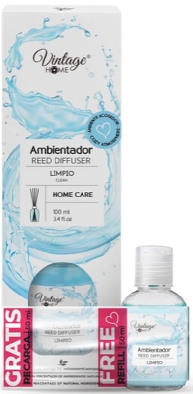 Vintage Home Reed Diffuser Limpio Ambientador Mikado 100 ml + Recarga 50 ml – Aroma Fresco para un Hogar con Estilo