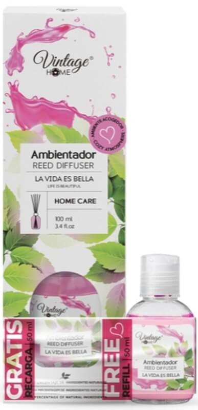 Vintage Home Ambientador Mikado La Vida es Bella 100 ml + Recarga 50 ml Gratis – Fragancia Floral y Duradera para el Hogar