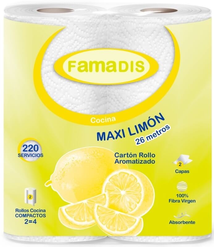 Famadis Maxi Limón Papel de Cocina Pack 12 Paquetes (24 Rollos, 26 m) – Absorción Superior y Frescura Aromática