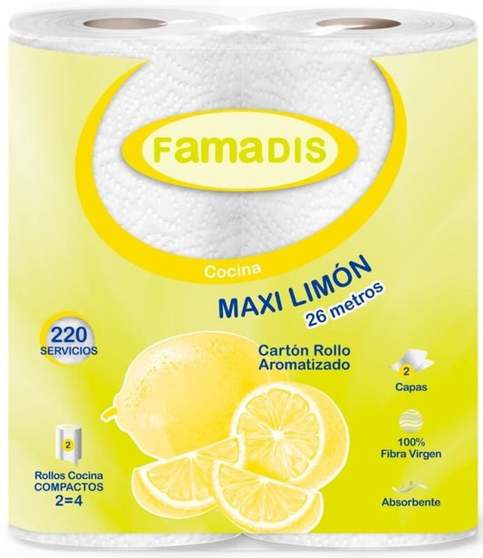 Famadis Maxi Limón Papel de Cocina Pack 12 Paquetes (24 Rollos, 26 m) – Absorción Superior y Frescura Aromática