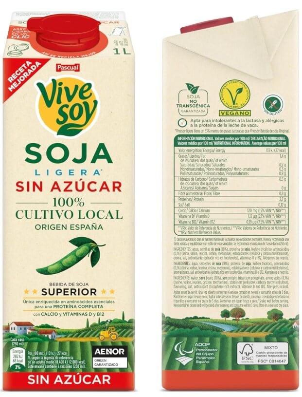 Vive Soy Soja Ligera Sin Azúcar Pack de 6 x 1L - Cultivo Local y Sabor Superior