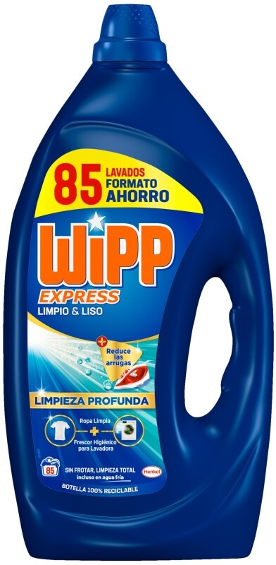 Wipp Express Detergente Líquido Limpio & Liso 85D – Limpieza Profunda y Ropa sin Arrugas en Cada Lavado