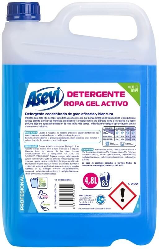 Asevi Detergente Ropa Gel Activo Profesional 85D 4,8L - Máxima Ptencia y Limpieza