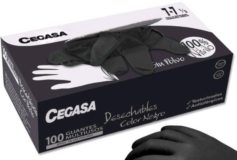 Cegasa Guantes de Nitrilo Negros Desechables Sin Polvo Talla Mediana – Protección Profesional para Cada Uso