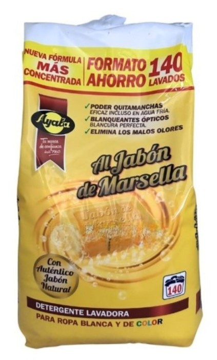 Ayala Detergente Lavadora al Jabón de Marsella 9,8 kg 140D – Limpieza Profunda con Aroma Tradicional para 140 Lavados