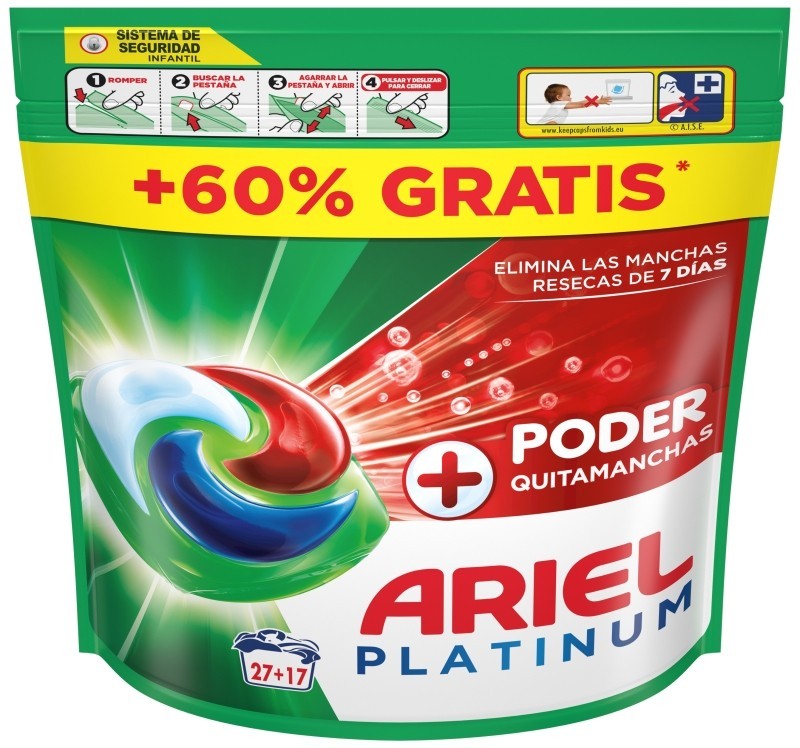 Ariel Platinum Cápsulas Detergente Lavadora 27+17 Unidades - Poder Quitamanchas para una Ropa Impecable