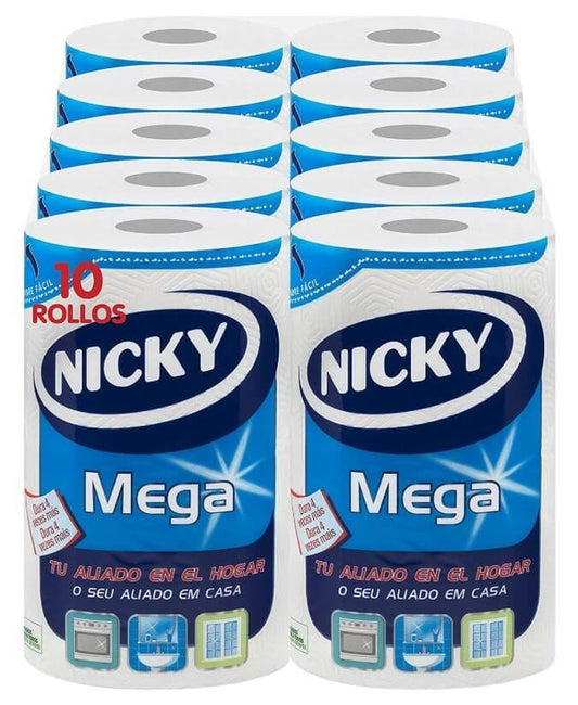 NICKY Rollo Papel de Cocina MEGA 2C Pack de 10U – Máxima Duración y Absorción para tu Día a Día