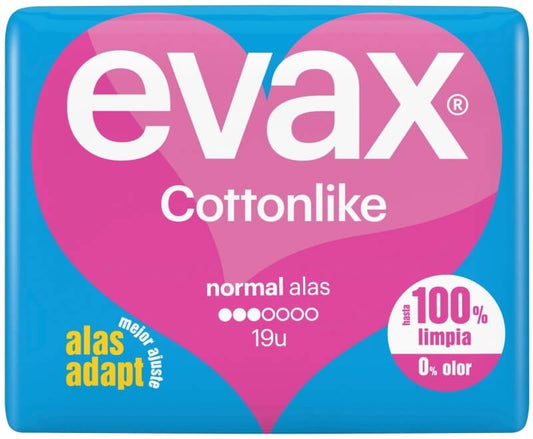 Evax Cottonlike Compresas Normal Alas 19U – Hasta 100% Limpieza y 0% Olor con Máxima Comodidad