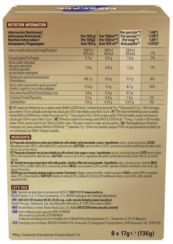 Nescafé Mocha Café Soluble Pack de 6 Total 48 Sobres – Café Cremoso con Sabor a Chocolate en Formato Práctico
