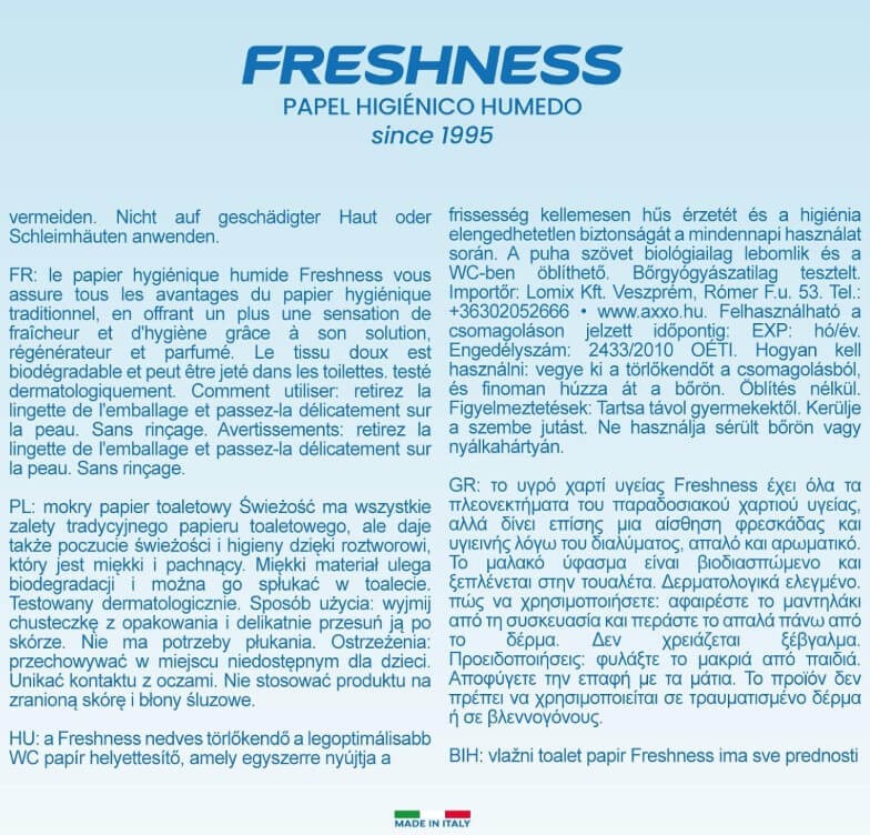 Freshness Papel Higiénico Húmedo con Tapa 80 Uds – Limpieza Suave, Fresca y Biodegradable