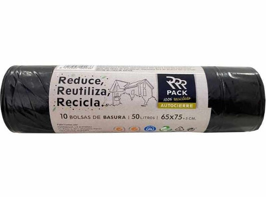 RRR PACK Bolsa Basura Autocierre Negra 65 X 75 cm 50 Litros 10 Unidades