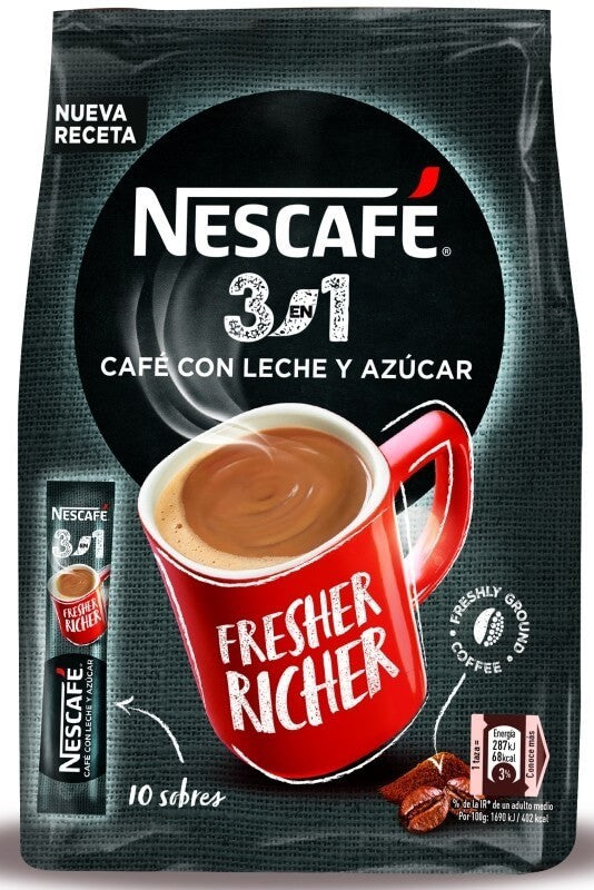 Nescafé 3 en 1 Café con Leche y Azúcar 10 Sobres – Sabor Fresco y Rico en un Solo Paso
