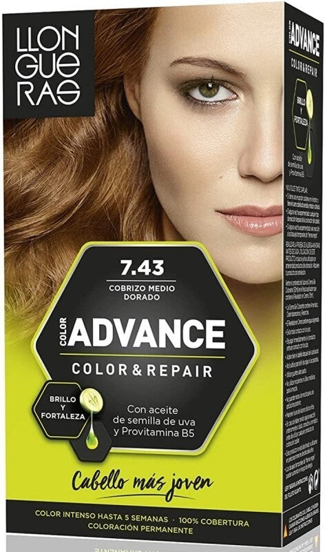 Llongueras Advance Color & Repair 7.43 Cobrizo Medio Dorado - Coloración Permanente con Brillo y Cuidado