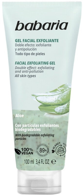 Babaria Gel Facial Exfoliante Aloe 100 ml - Doble Efecto Exfoliante y Antipolución