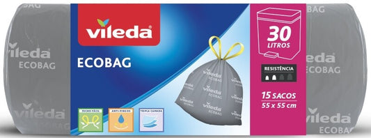 Vileda Ecobag Bolsas de Basura 30 Litros 15 Sacos - Resistencia y Comodidad para tu Hogar