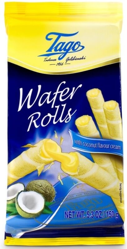 Tago Wafer Rolls con Crema Sabor Coco 150G – Crujiente Placer Tropical para Cada Momento